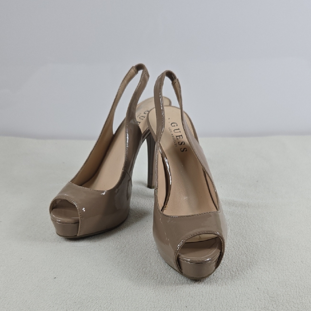 GUESS Los Angeles Women's Tan Peep Toe 5" Heels